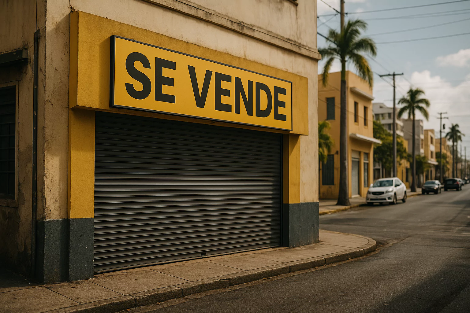 Local comercial cerrado en esquina con cartel de "Se Vende"