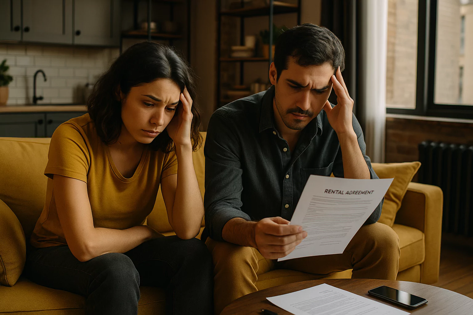 Pareja joven preocupada revisando contrato de alquiler en casa