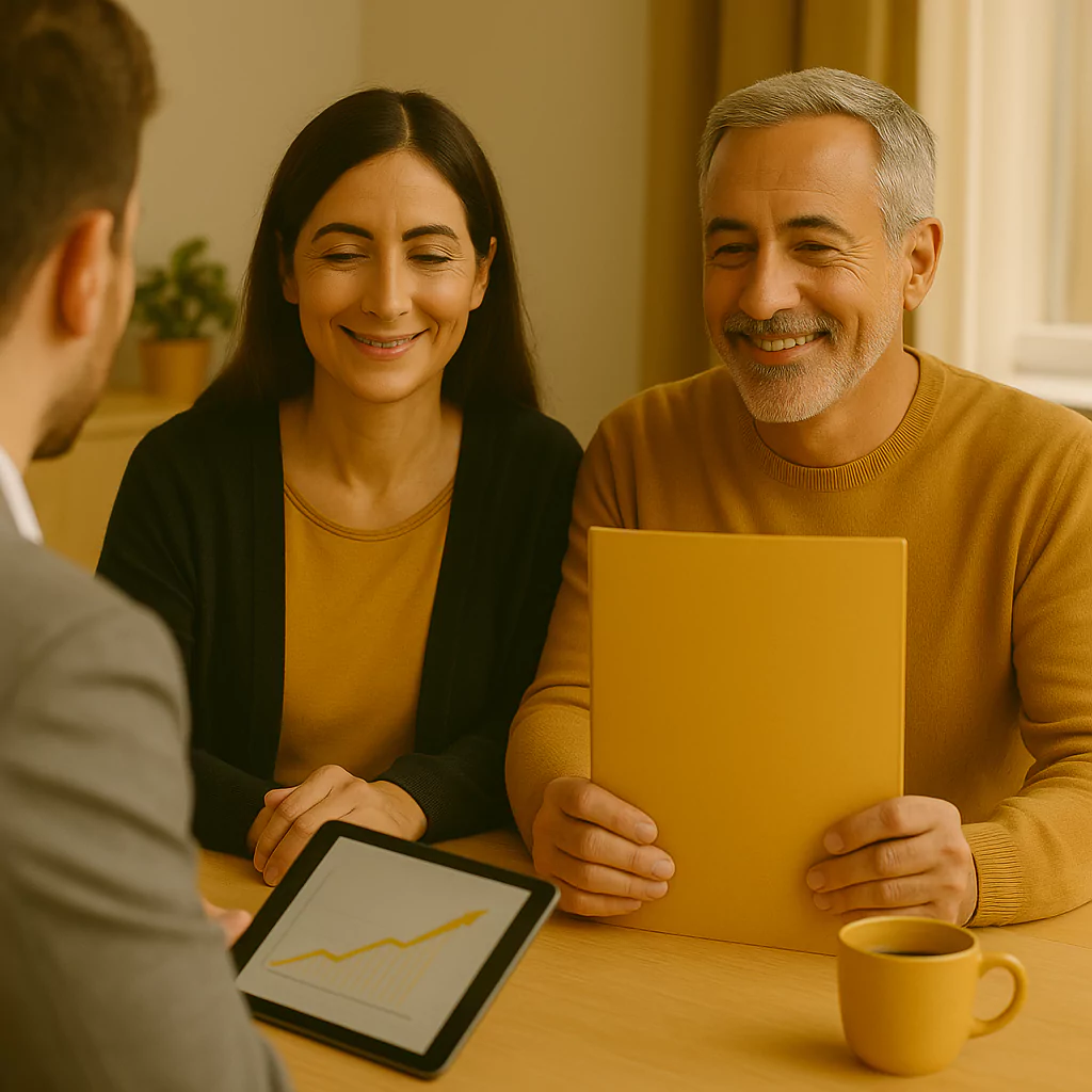 pareja sonriente en reunión financiera con asesor y tablet mostrando gráfico ascendente