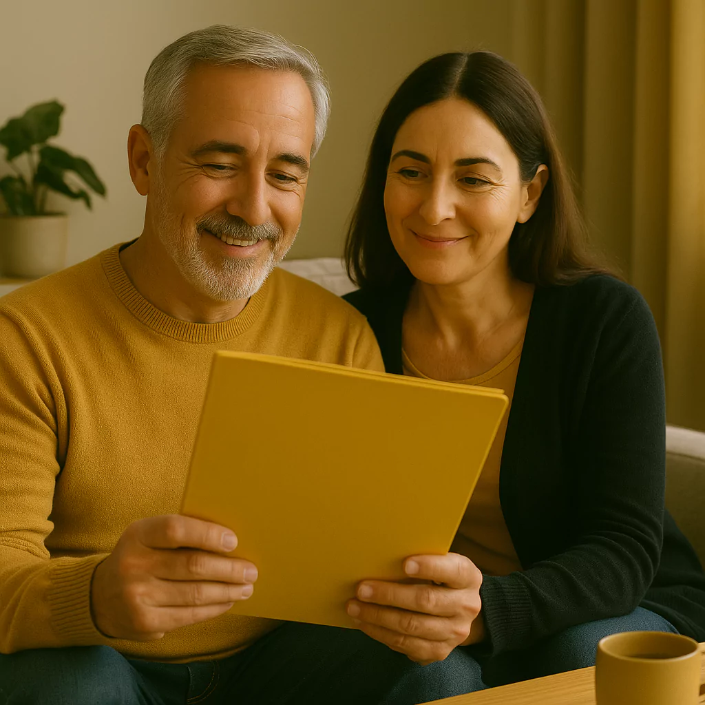pareja madura sonriente revisando carpeta amarilla en la sala de su hogar