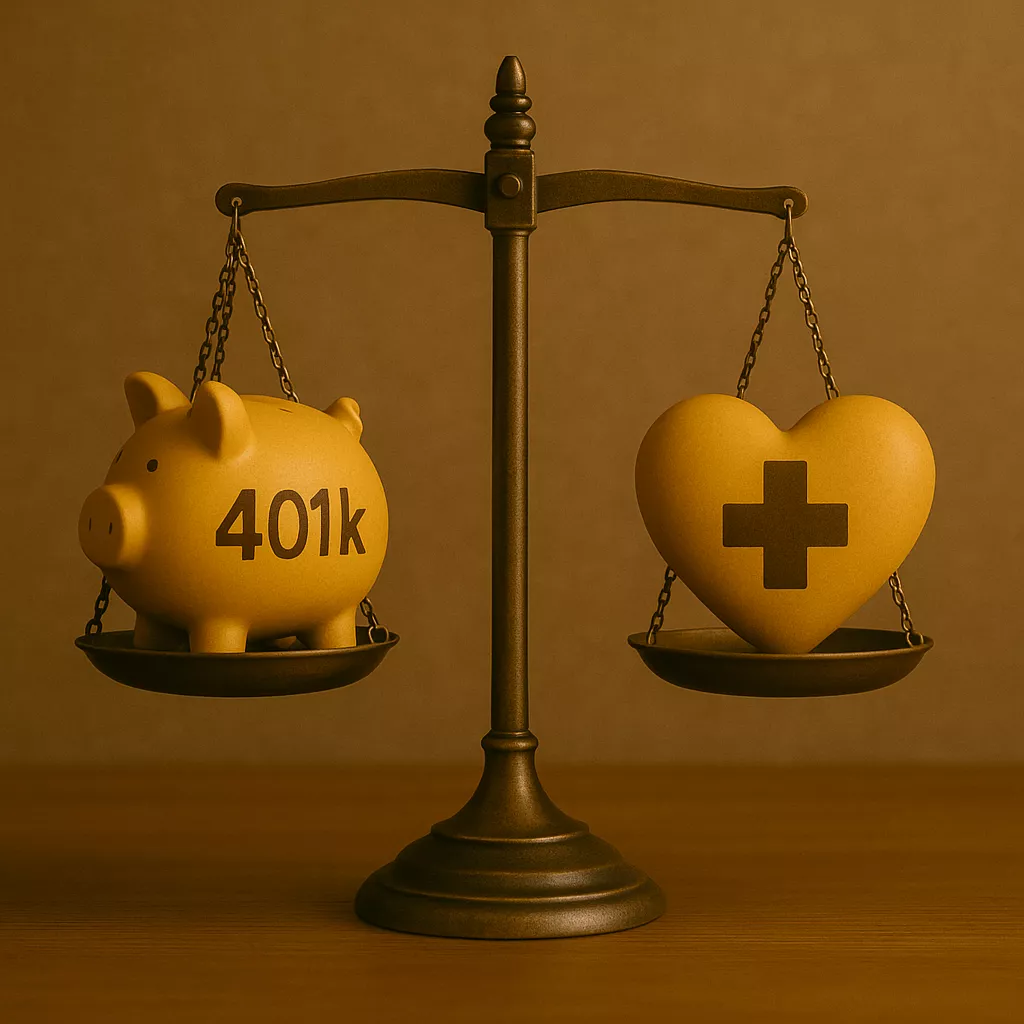 balanza con alcancía 401k y corazón con cruz médica equilibrados