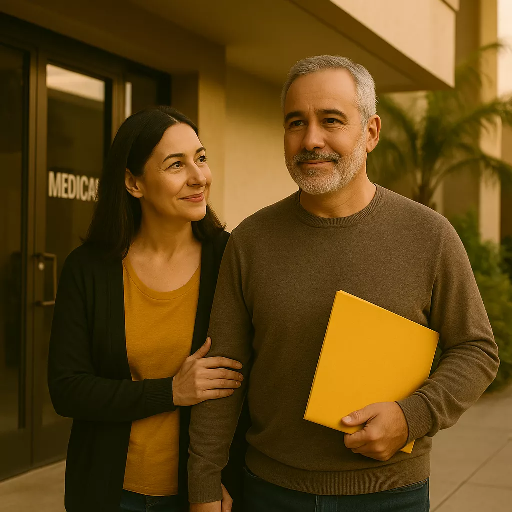 Pareja madura saliendo de un centro médico con carpeta de resultados