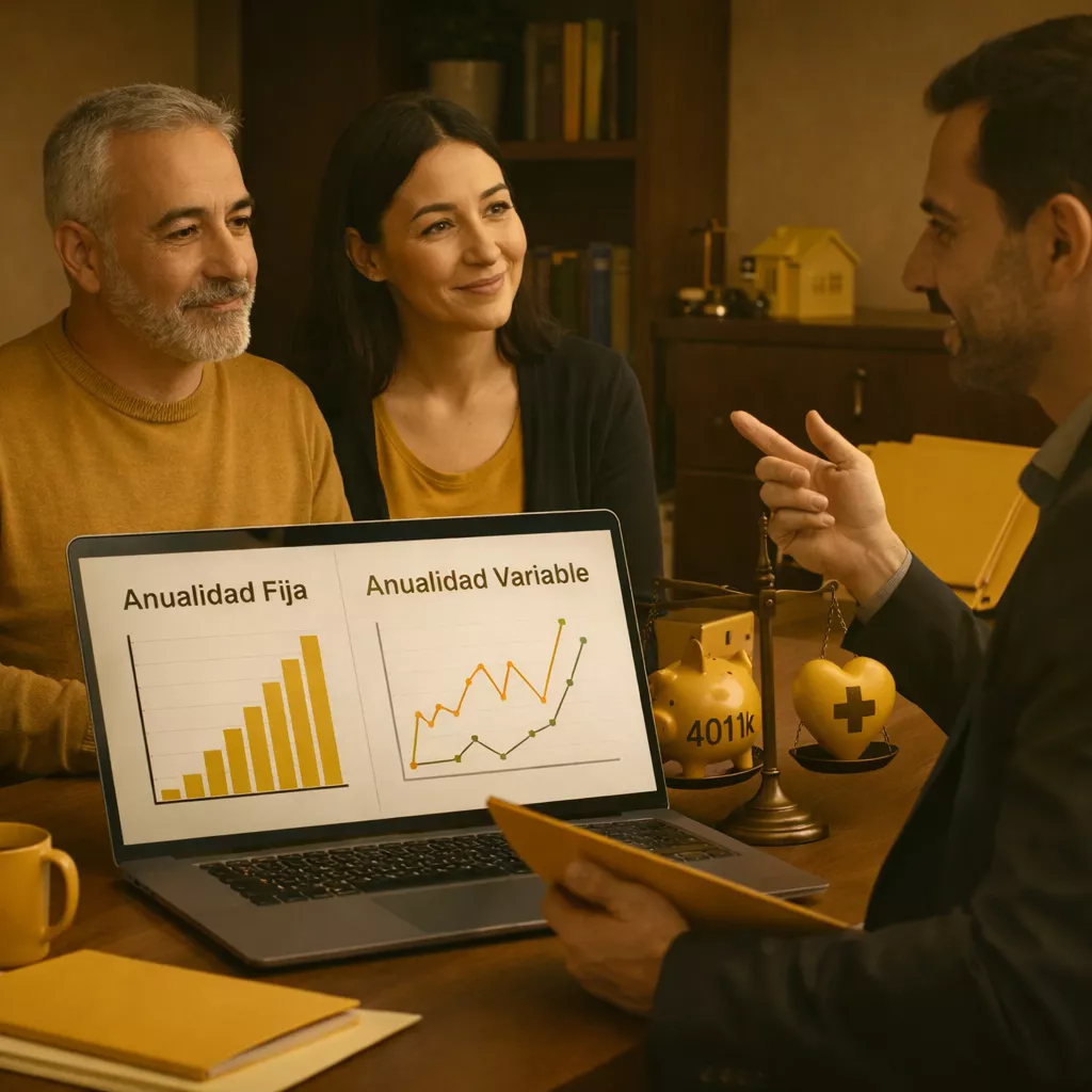 Asesor de Tu Dinero Seguro explica opciones de anualidad fija y variable a una pareja, mostrando gráficos y la balanza entre 401k y bienestar para elegir la anualidad ideal.