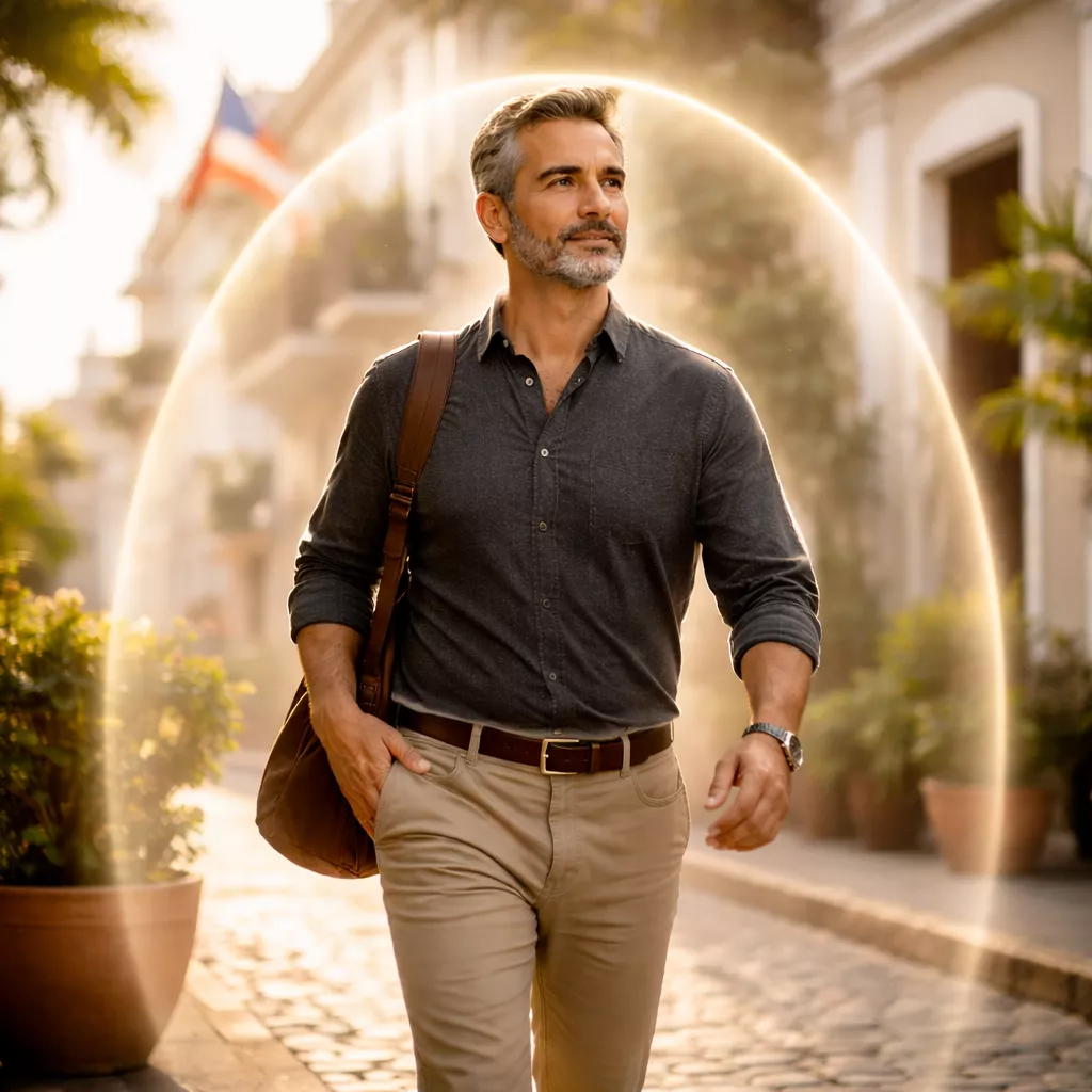 Hombre maduro y confiado caminando con un aura protectora dorada alrededor, simbolizando la seguridad financiera que ofrece Tu Dinero Seguro con una póliza de cáncer.