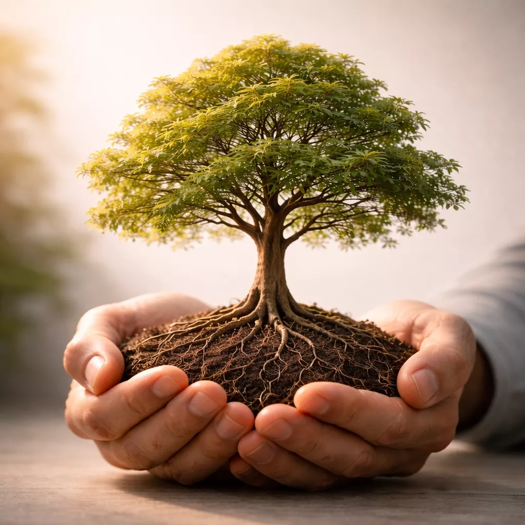 Manos sosteniendo un árbol con raíces y tierra, simbolizando crecimiento y seguridad financiera con Tu Dinero Seguro, enfocado en anualidades indexadas y huérfanas.