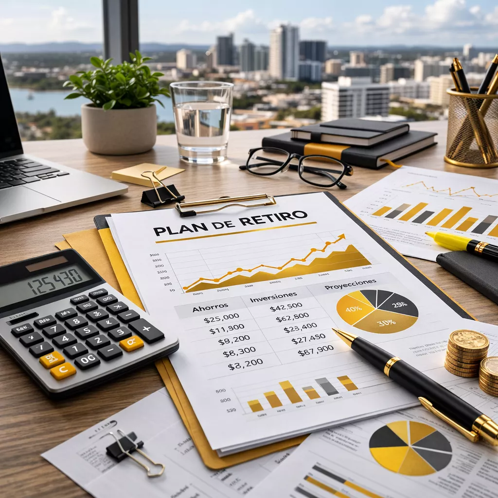 Documento de plan de retiro con graficos financieros, calculadora y bolígrafo sobre escritorio de oficina
