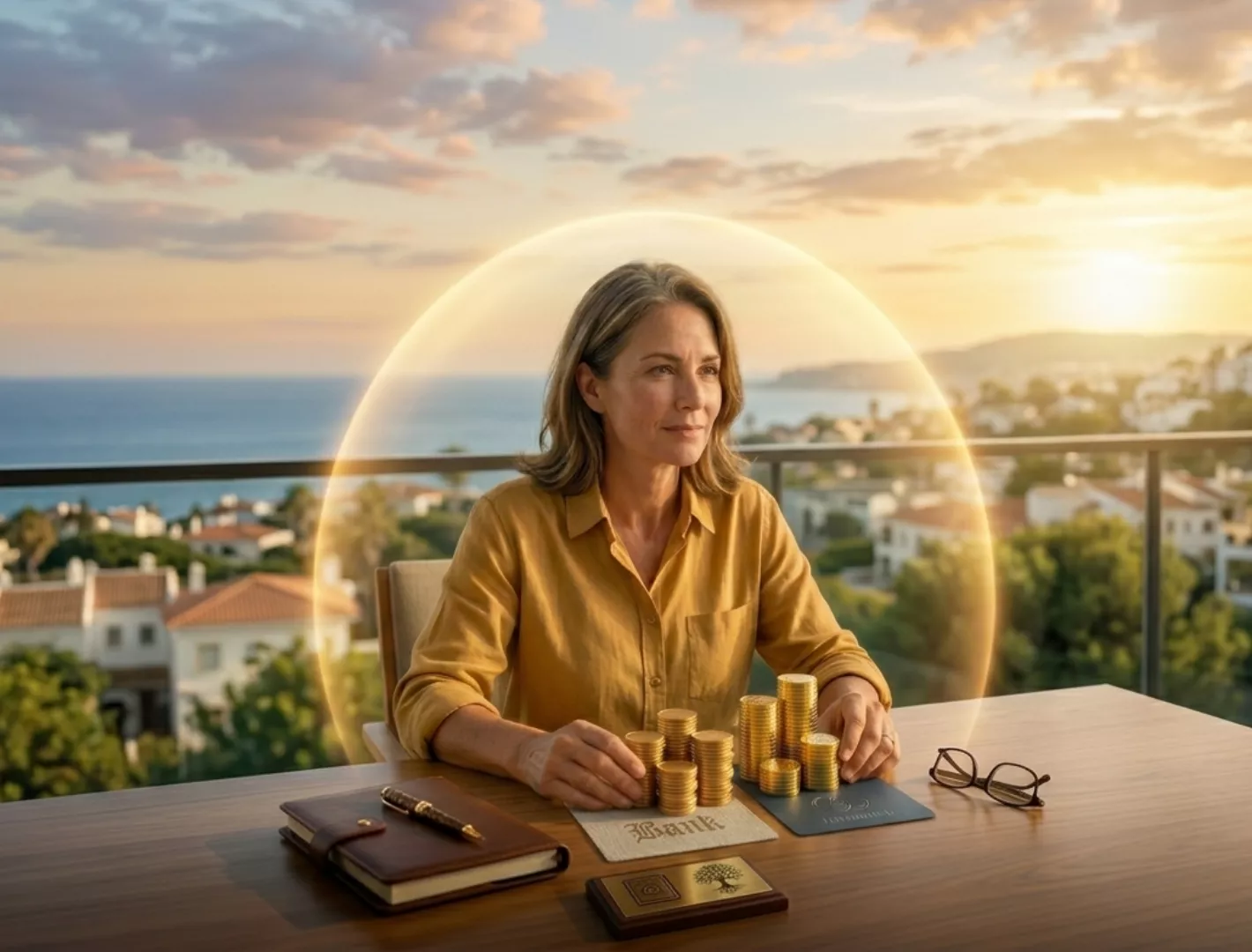 Mujer en terraza con vista al mar y puesta de sol, protegida por un domo de luz dorada, organizando pilas de monedas de oro en su escritorio, junto a un cuaderno y sus gafas.