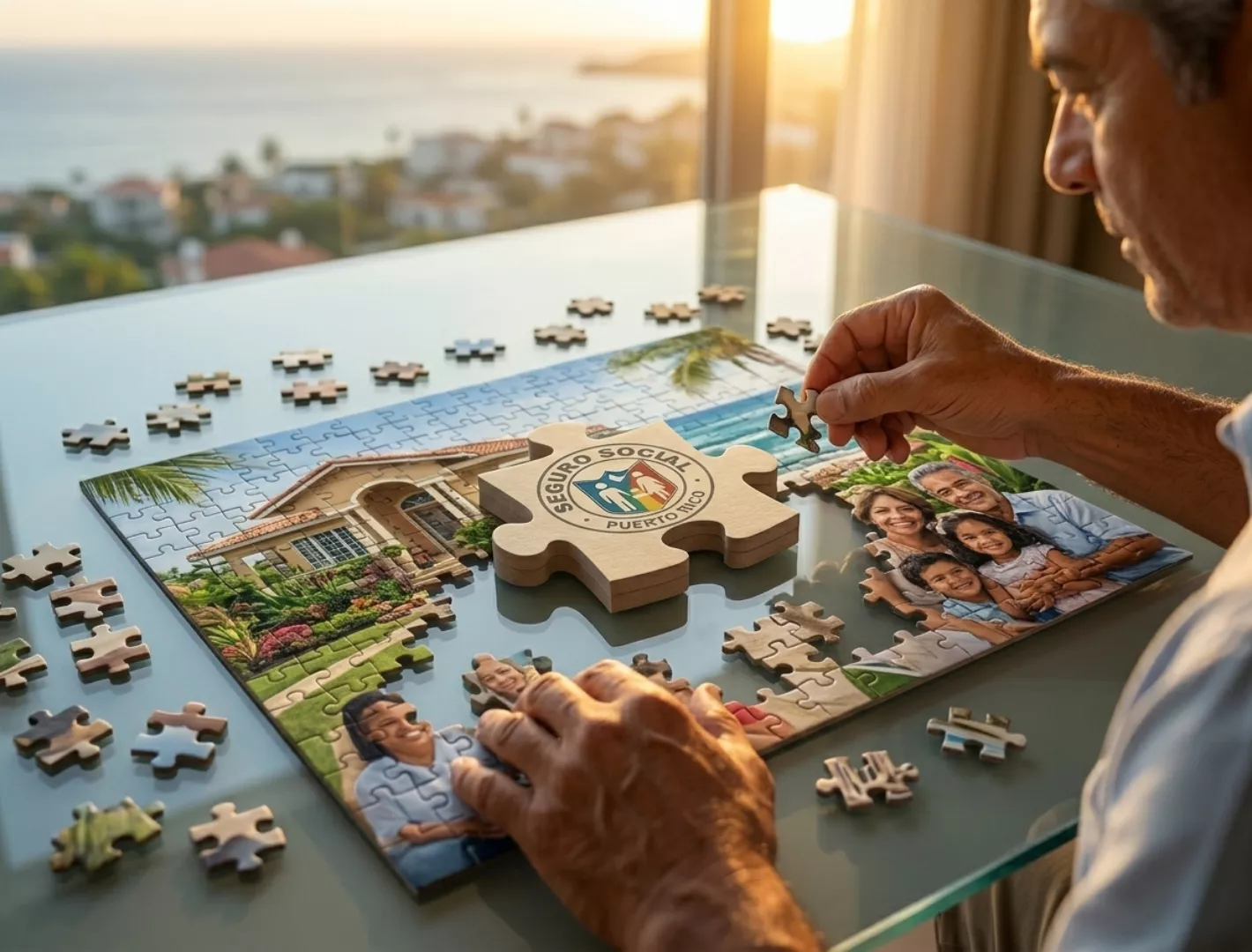 Hombre armando un rompecabezas que muestra una casa y una familia feliz, con una pieza central que lleva el logo del Seguro Social de Puerto Rico, representando la planificación del retiro y la seguridad familiar.