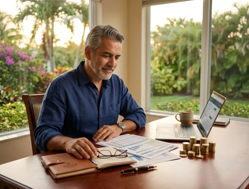 Hombre maduro sonriente revisando gráficos financieros y montones de monedas en un escritorio con laptop en su hogar, representando la planificación financiera y el ahorro para la jubilación.