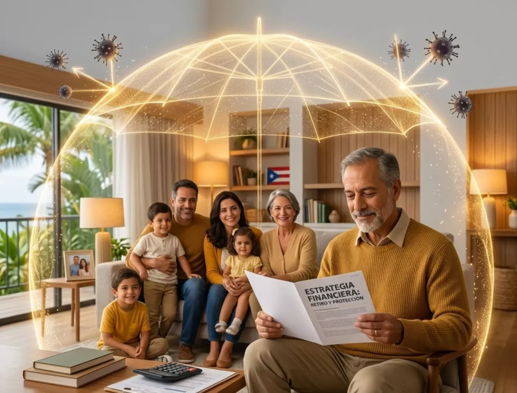 Familia multigeneracional en una sala protegida por un paraguas de luz brillante contra virus, mientras un hombre mayor lee un folleto de estrategia financiera de retiro y protección.