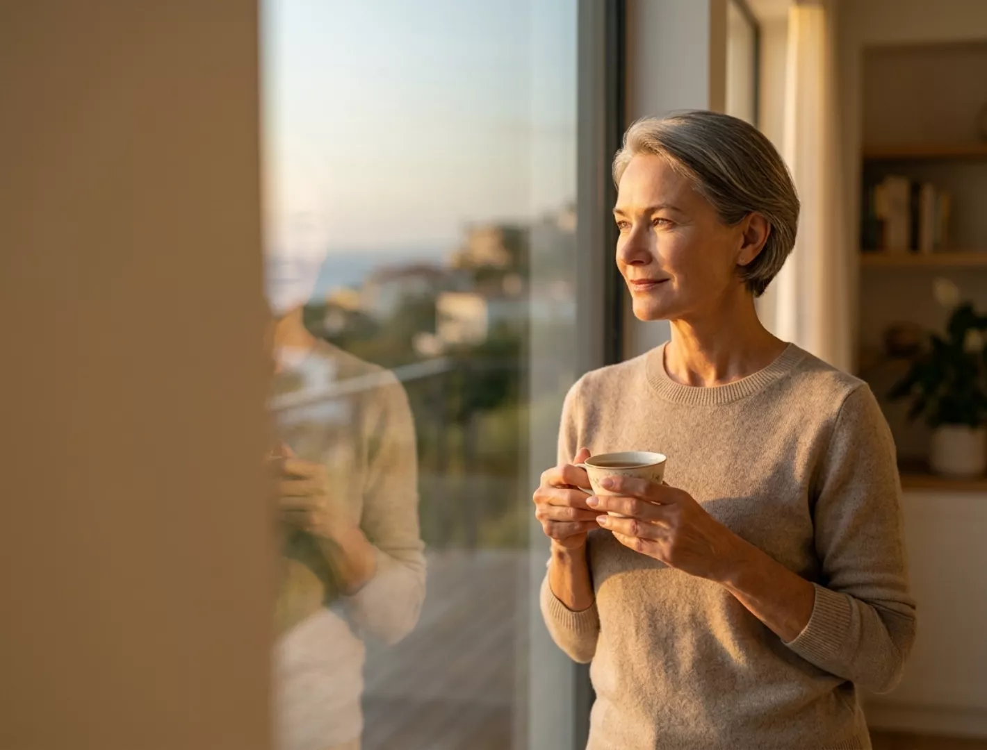 Mujer mayor sonriendo pacíficamente mientras mira por la ventana y sostiene una taza de café durante el atardecer, representando la tranquilidad mental de tener una póliza de cáncer en Puerto Rico y un retiro protegido.