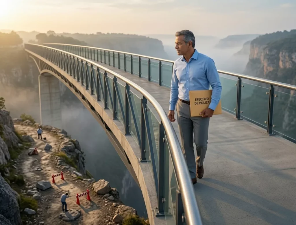 Hombre de negocios caminando seguro por un puente moderno sobre un cañón, sosteniendo un sobre que dice "Efectivo de Póliza", representando la protección de una póliza de cáncer en Puerto Rico.