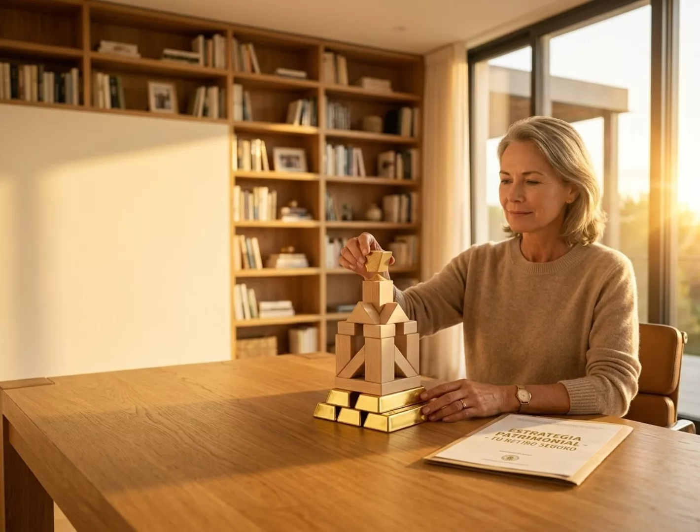 Mujer organizando bloques de madera sobre barras de oro junto a un documento de Tu Retiro Seguro, representando la recuperación de un 401(k) huérfano en Puerto Rico.