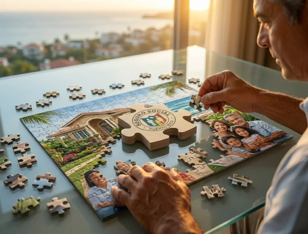 Una foto de primer plano de las manos de un hombre mayor ajustando una pieza de rompecabezas. El rompecabezas en la mesa de cristal forma una imagen de una familia multigeneracional sonriente y una casa tropical con vista al mar. Una pieza central del rompecabezas lleva un sello circular distintivo que dice "SEGURO SOCIAL PUERTO RICO" con un icono de familia. La escena tiene un fondo borroso de una costa caribeña al amanecer o atardecer.
