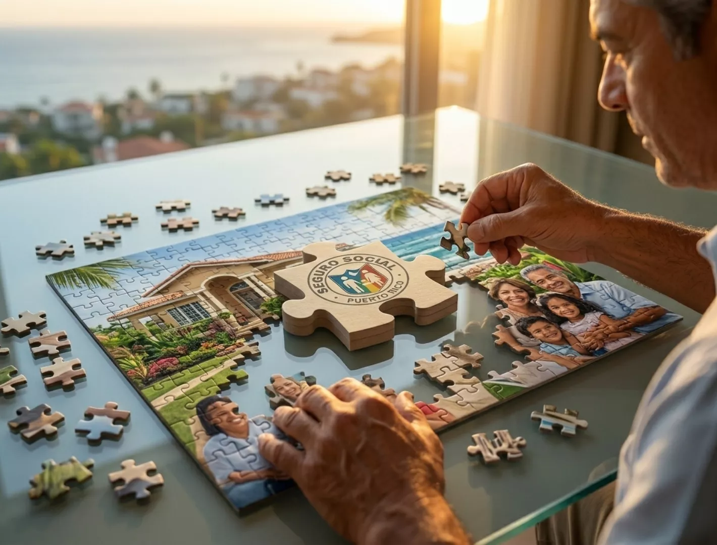 Una foto de primer plano de las manos de un hombre mayor ajustando una pieza de rompecabezas. El rompecabezas en la mesa de cristal forma una imagen de una familia multigeneracional sonriente y una casa tropical con vista al mar. Una pieza central del rompecabezas lleva un sello circular distintivo que dice "SEGURO SOCIAL PUERTO RICO" con un icono de familia. La escena tiene un fondo borroso de una costa caribeña al amanecer o atardecer.