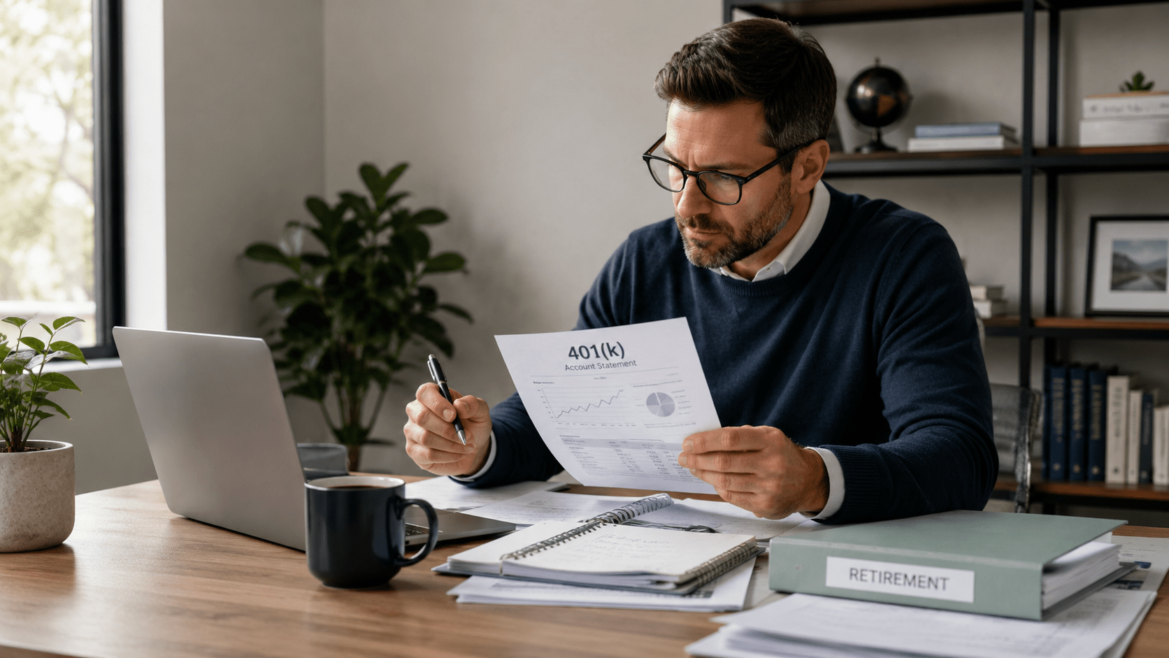 Hombre revisando un estado de cuenta 401k huérfano y documentos de retiro en una oficina.