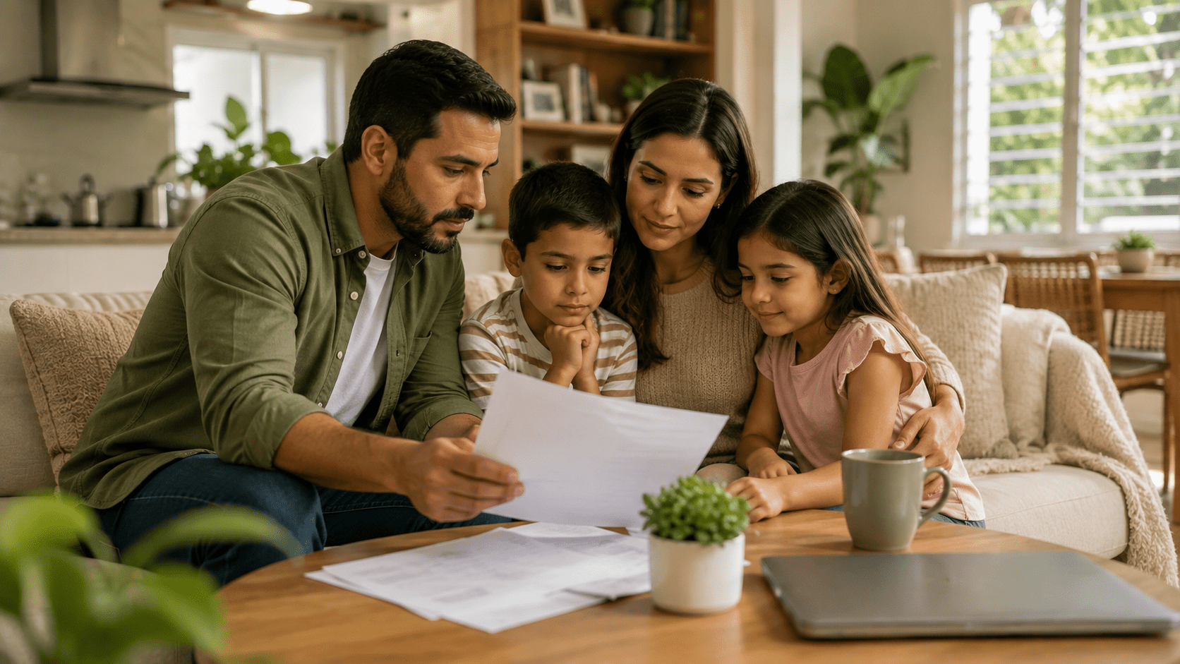 Familia revisa documentos financieros en casa mientras planifica su protección con un seguro de vida en Puerto Rico.
