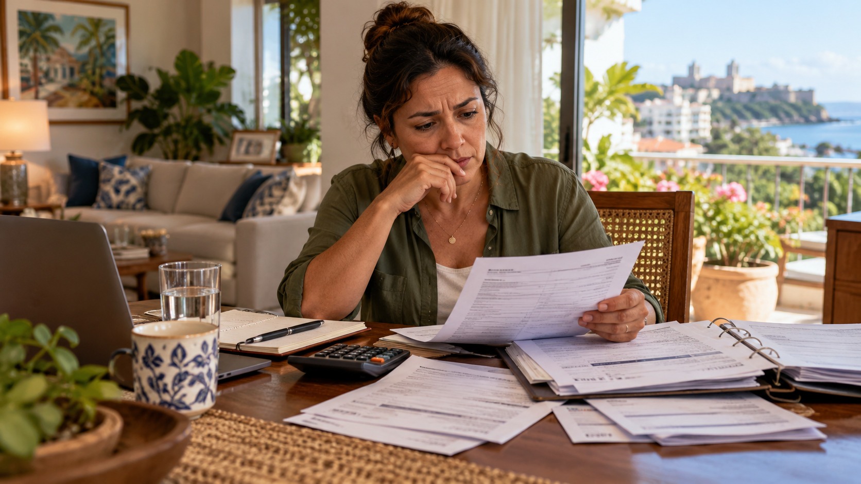 Persona adulta en Puerto Rico revisando gastos médicos y documentos financieros en su hogar, representando la preocupación por los gastos por tratamiento de cáncer en Puerto Rico y la importancia de contar con protección económica.